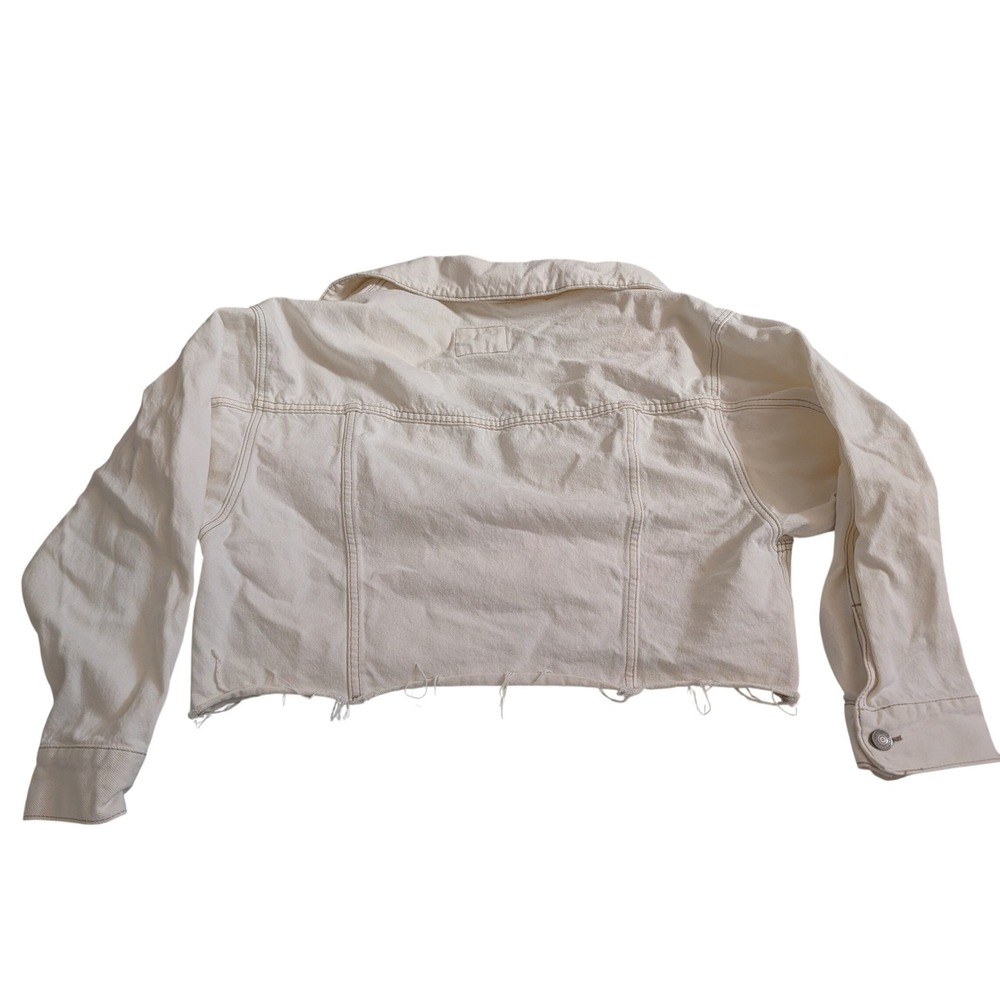 Abercrombie & Fitch‎ Cream Cropped Denim Jacket Raw Hem Off-White Womens Large - Picture 2 of 7